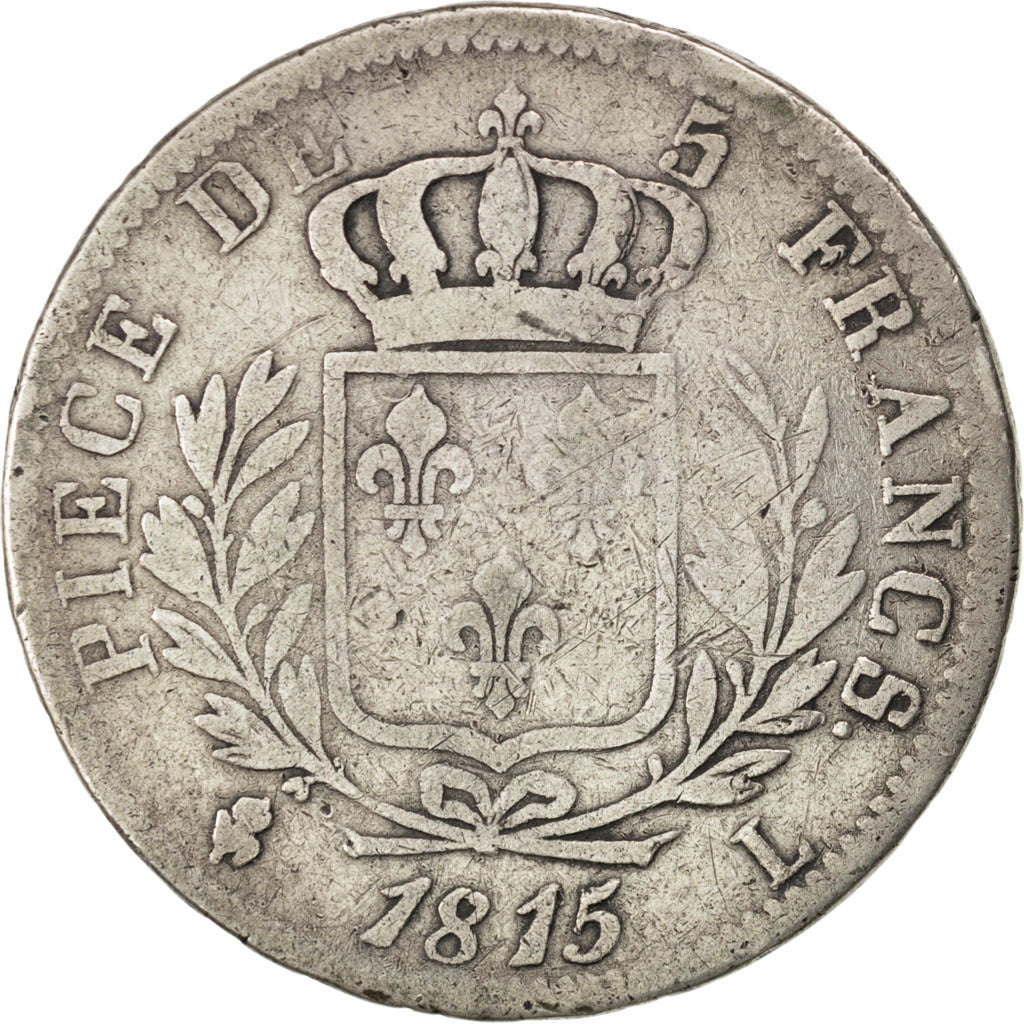 FRANCE, Louis XVIII, 5 Francs, 1815, Bayonne, KM #702.8, F(12-15), Silver,...
