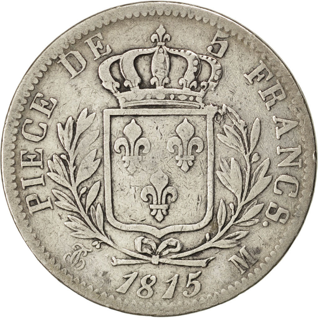 FRANCE, Louis XVIII, 5 Francs, 1815, Toulouse, KM #702.9, VF(30-35), Silver,...