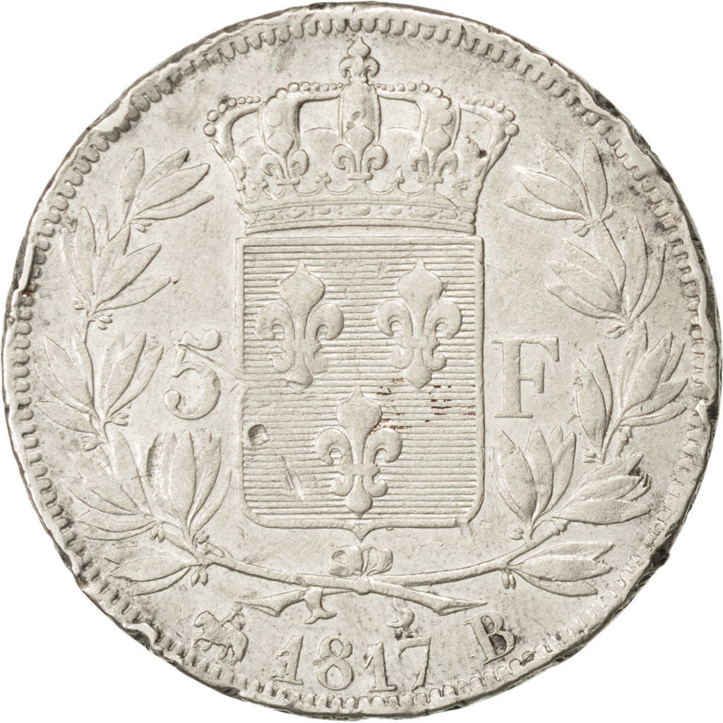 FRANCE, Louis XVIII, 5 Francs, 1817, Rouen, KM #711.2, VF(20-25), Silver,...