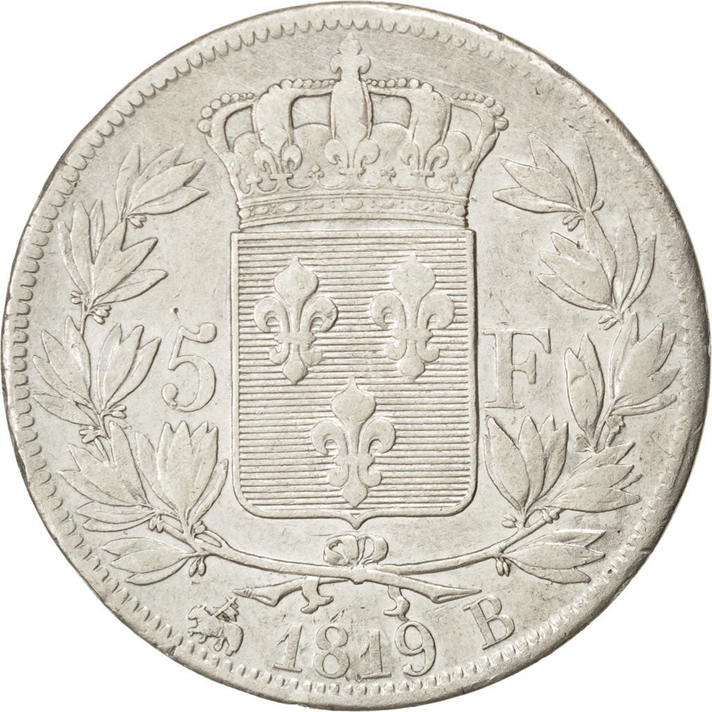 FRANCE, Louis XVIII, 5 Francs, 1819, Rouen, KM #711.2, VF(30-35), Silver,...