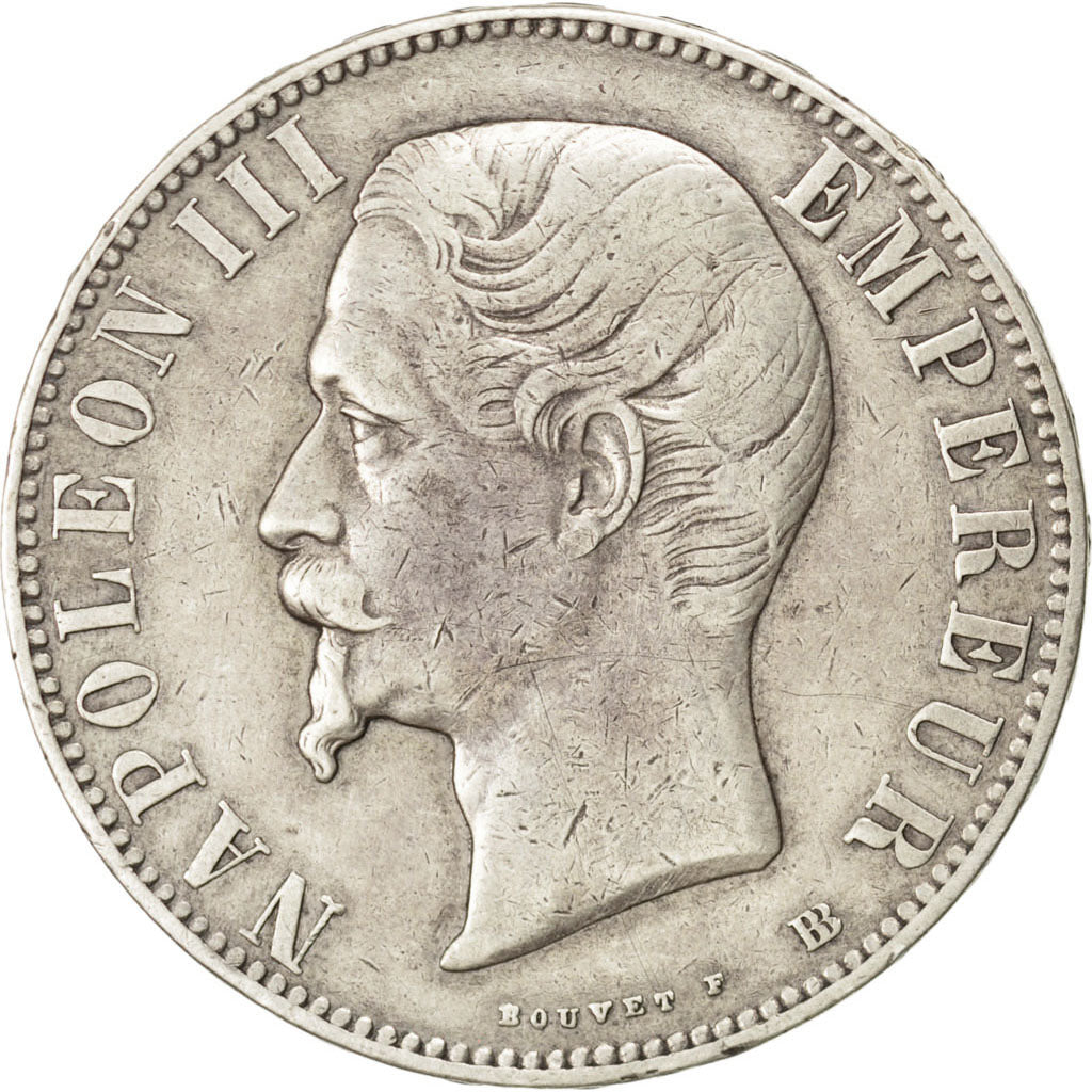 FRANCE, Napoléon III, 5 Francs, 1855, Strasbourg, KM #782.2, EF(40-45), Silver,
