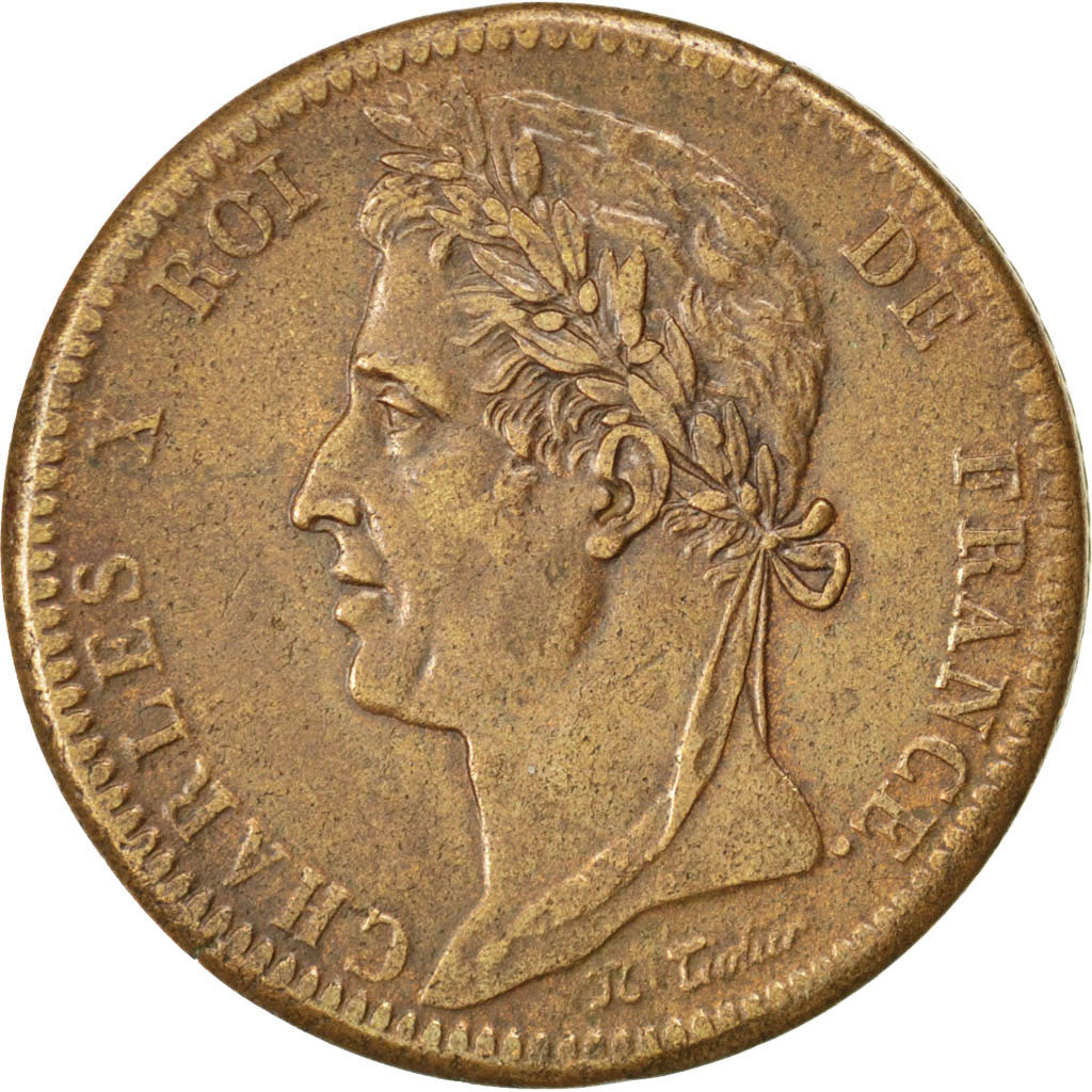 FRENCH COLONIES, 10 Centimes, 1828, Paris, KM #11.1, EF(40-45), Bronze, 20.34