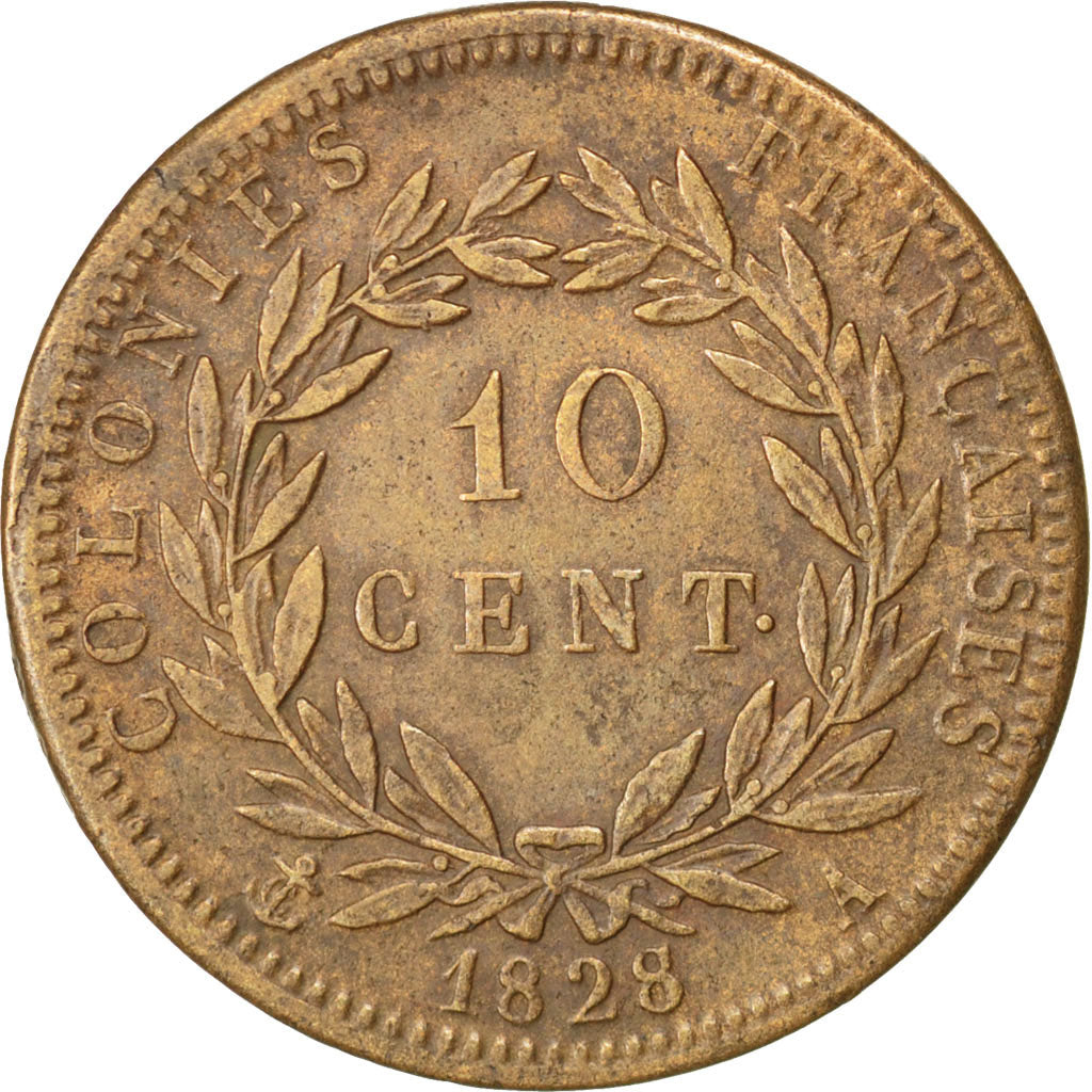 FRENCH COLONIES, 10 Centimes, 1828, Paris, KM #11.1, EF(40-45), Bronze, 20.34