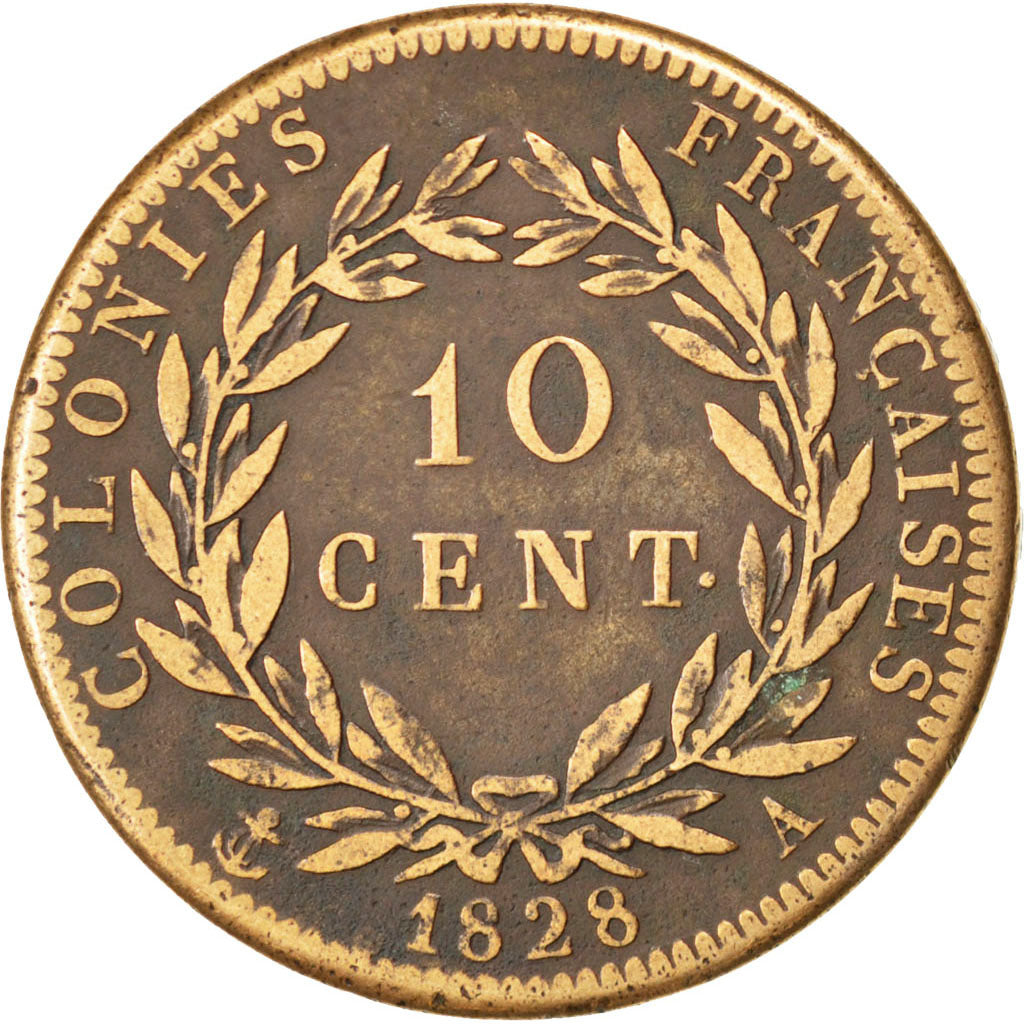 Coin, FRENCH COLONIES, Charles X, 10 Centimes, 1828, Paris, VF(30-35), Bronze