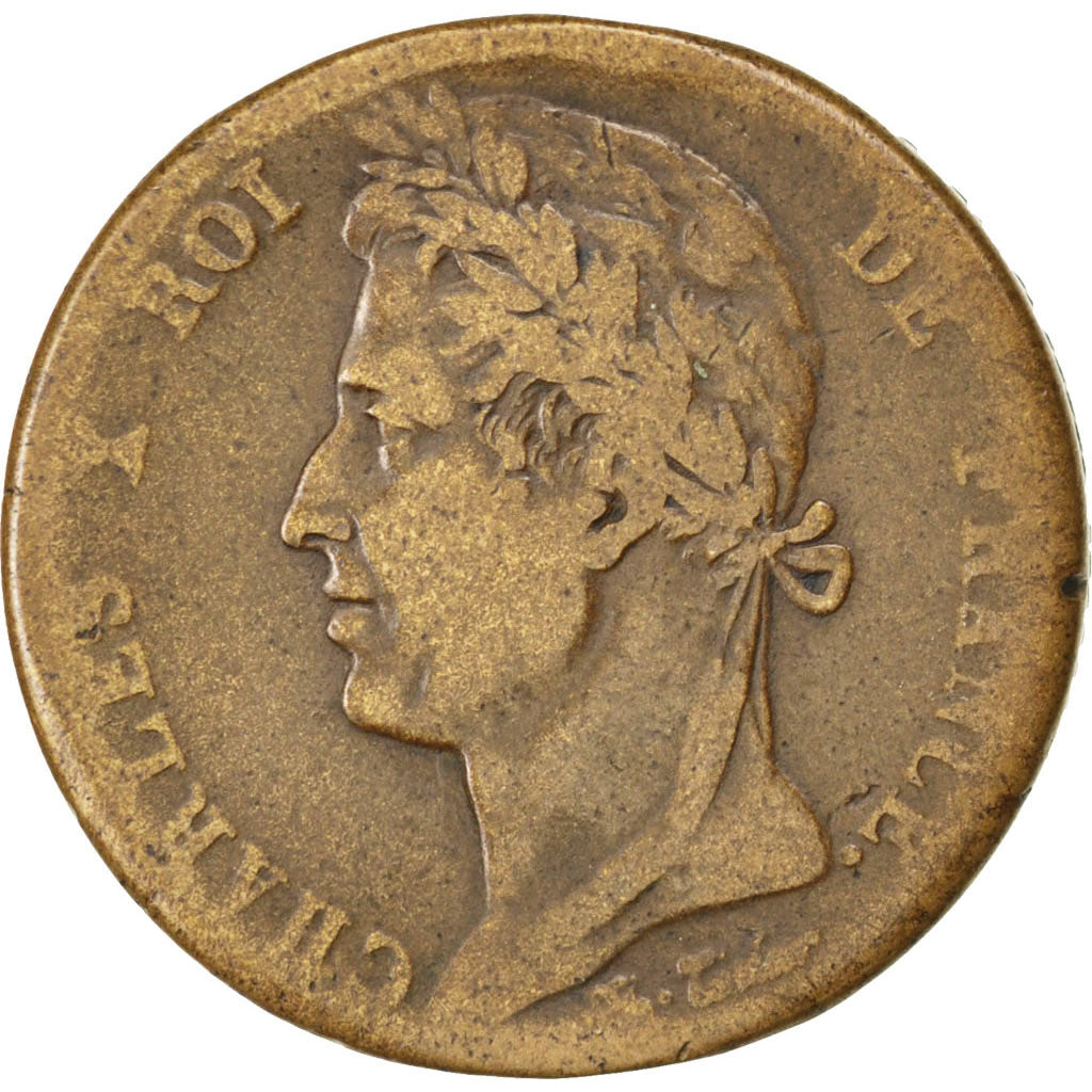 FRENCH COLONIES, 10 Centimes, 1829, Paris, KM #11.1, F(12-15), Bronze, 20.58
