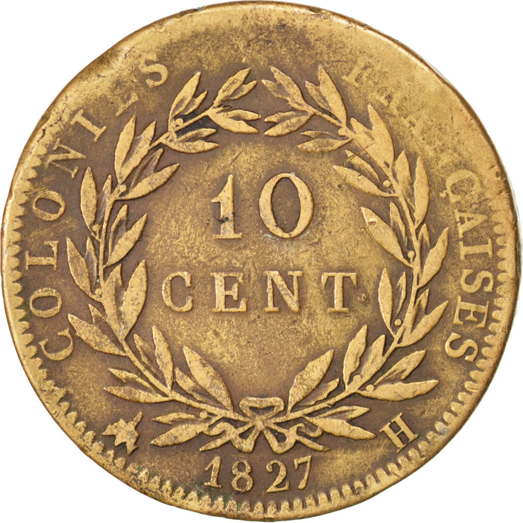 FRENCH COLONIES, 10 Centimes, 1827, La Rochelle, KM #11.2, VF(20-25), Bronze,...