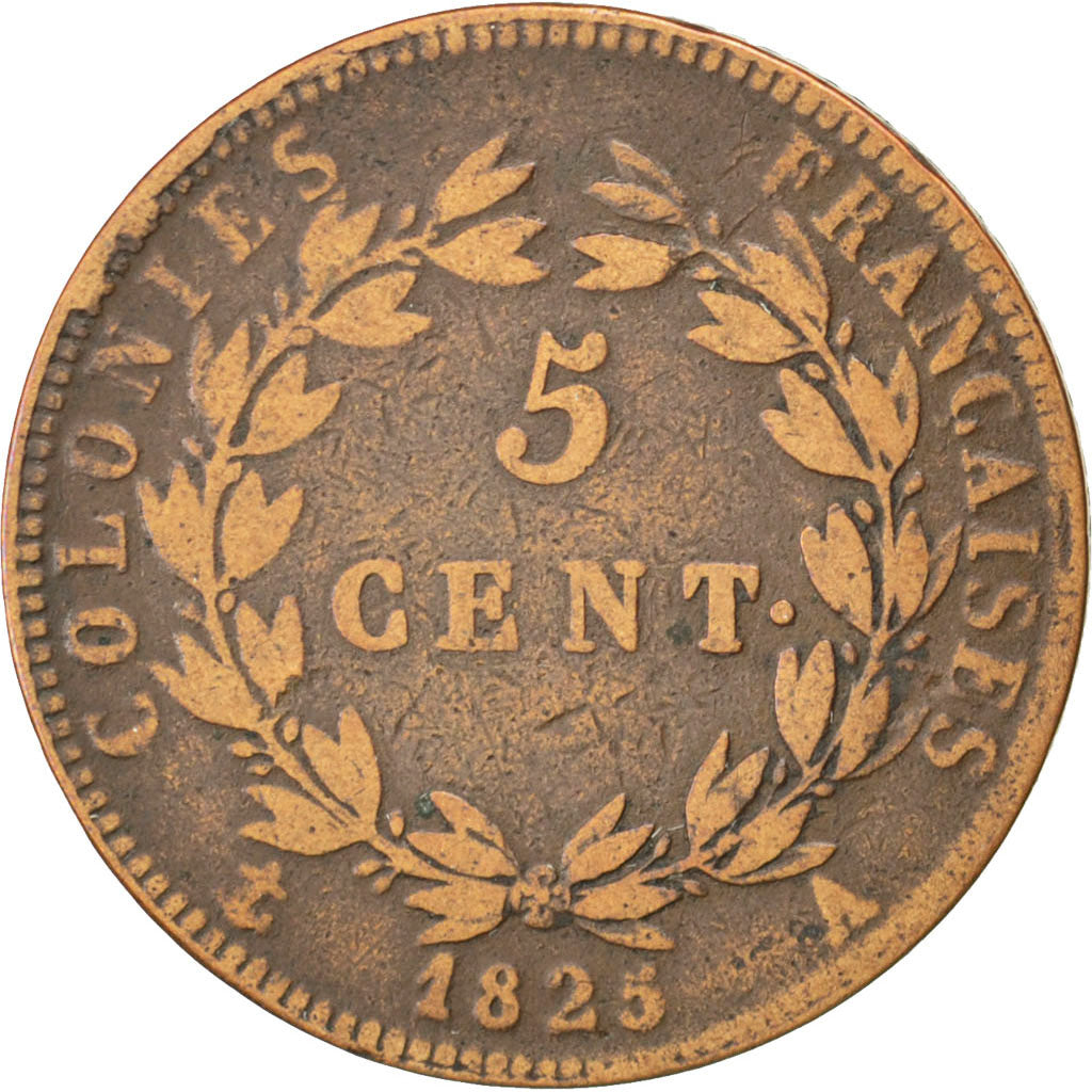 Colonie francesi, Charles X, 5 Centimes, 1825, Paris, MB, Bronzo, KM:10.1