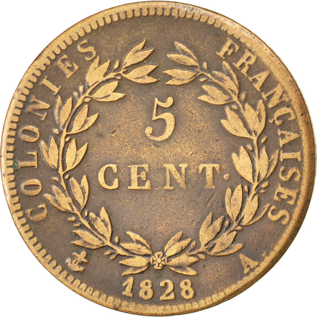 Monnaie, Colonies françaises, Charles X, 5 Centimes, 1828, Paris, TB+, Bronze