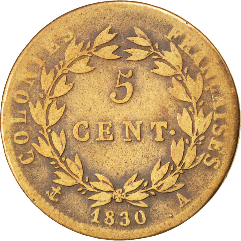 Colonie francesi, Charles X, 5 Centimes, 1830, Paris, MB, Bronzo, KM:10.1