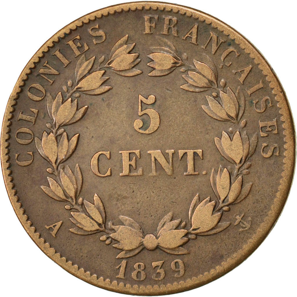 FRENCH COLONIES, 5 Centimes, 1839, Paris, KM #12, EF(40-45), Bronze, 10.03