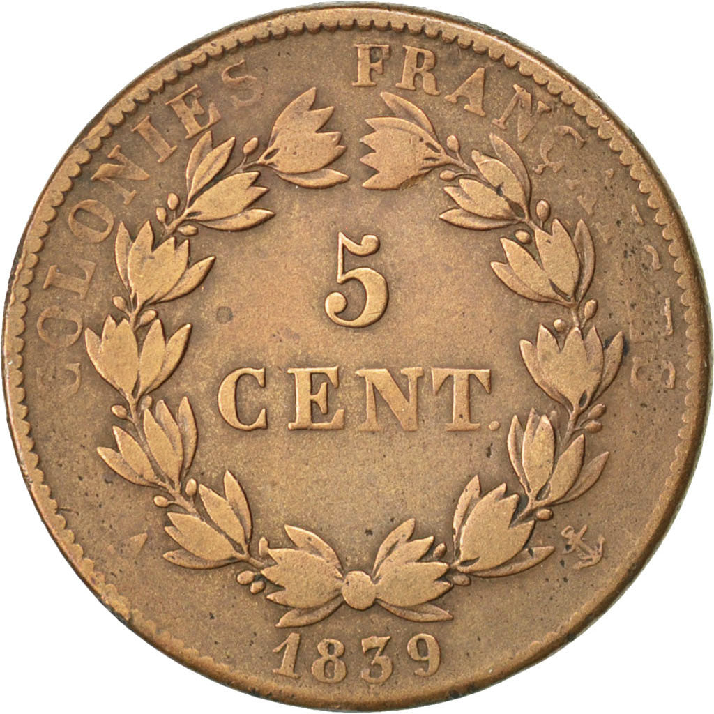 FRENCH COLONIES, 5 Centimes, 1839, Paris, KM #12, VF(20-25), Bronze, 9.94