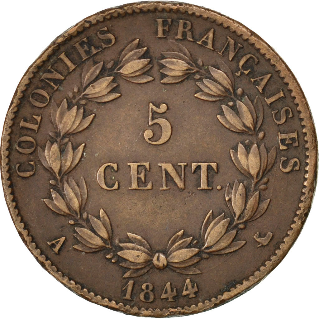 FRENCH COLONIES, 5 Centimes, 1844, Paris, KM #12, EF(40-45), Bronze, 10.57