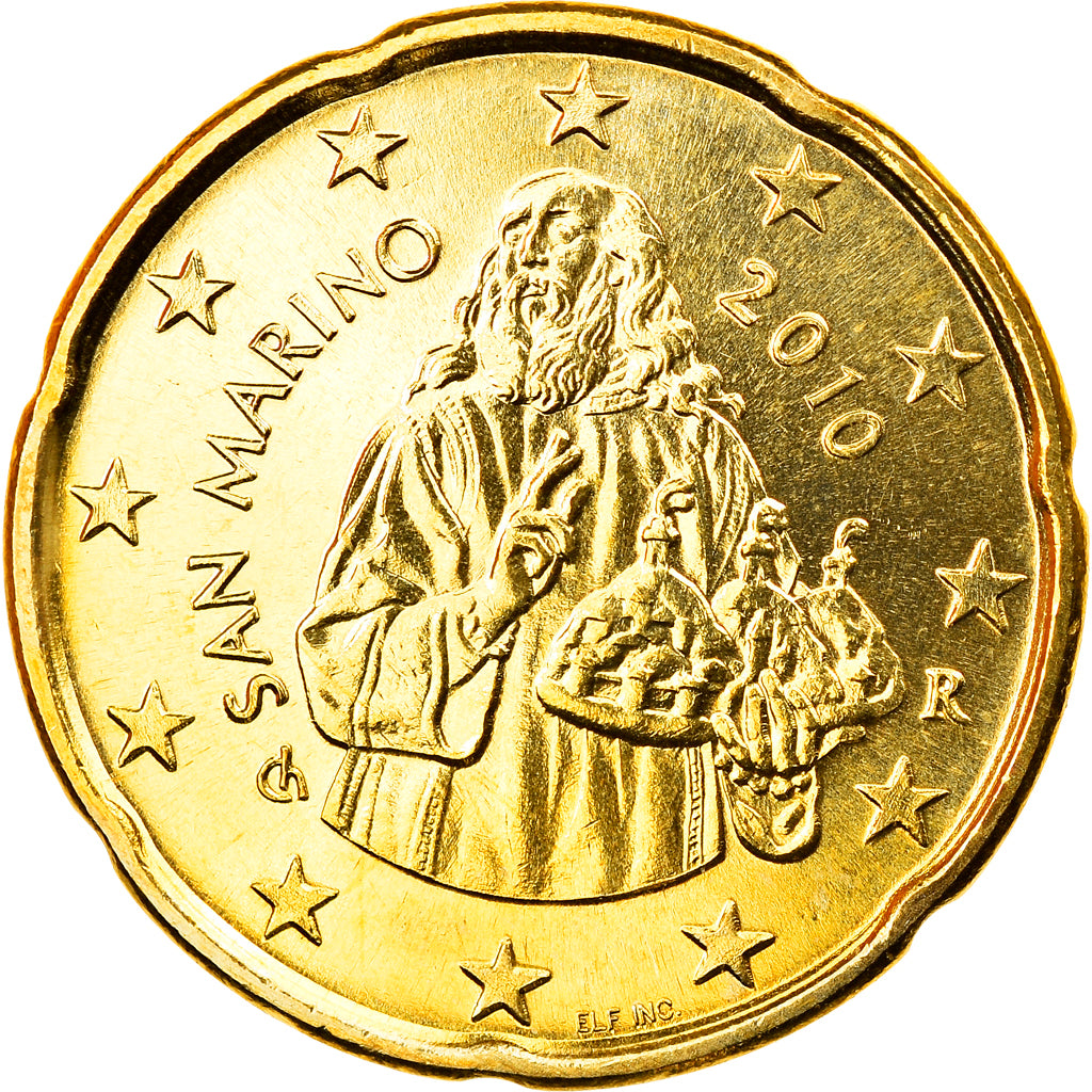 San Marino, 20 Euro Cent, 2010, Rome, MS(63), Brass, KM:483
