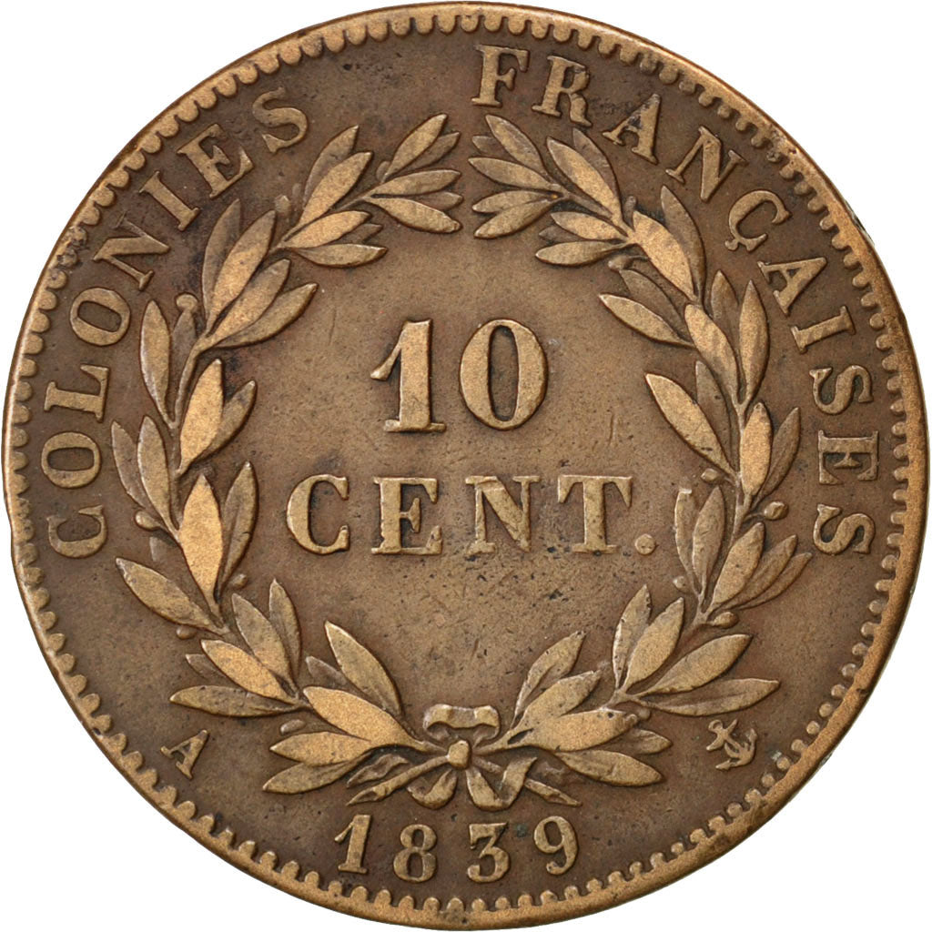 FRENCH COLONIES, 10 Centimes, 1839, Paris, KM #13, VF(30-35), Bronze, 19.08