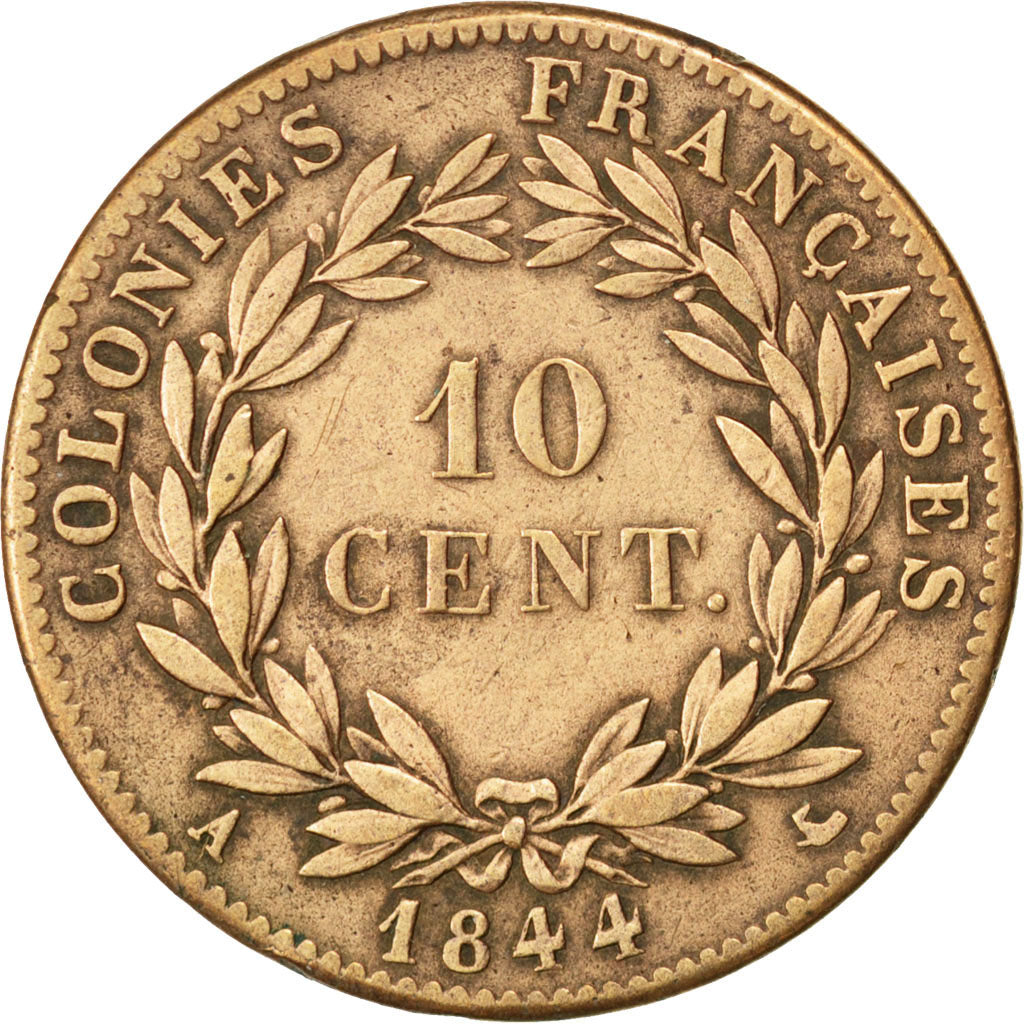 FRENCH COLONIES, 10 Centimes, 1844, Paris, KM #13, EF(40-45), Bronze, 19.80