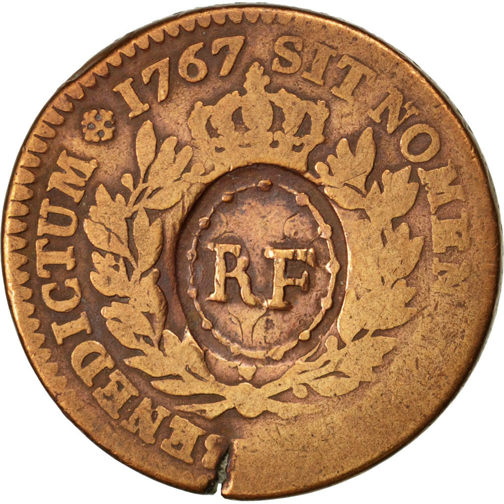 FRENCH COLONIES, 12 Deniers, Sol, 1767, Paris, KM #6, VG(8-10), Bronze, 11.60