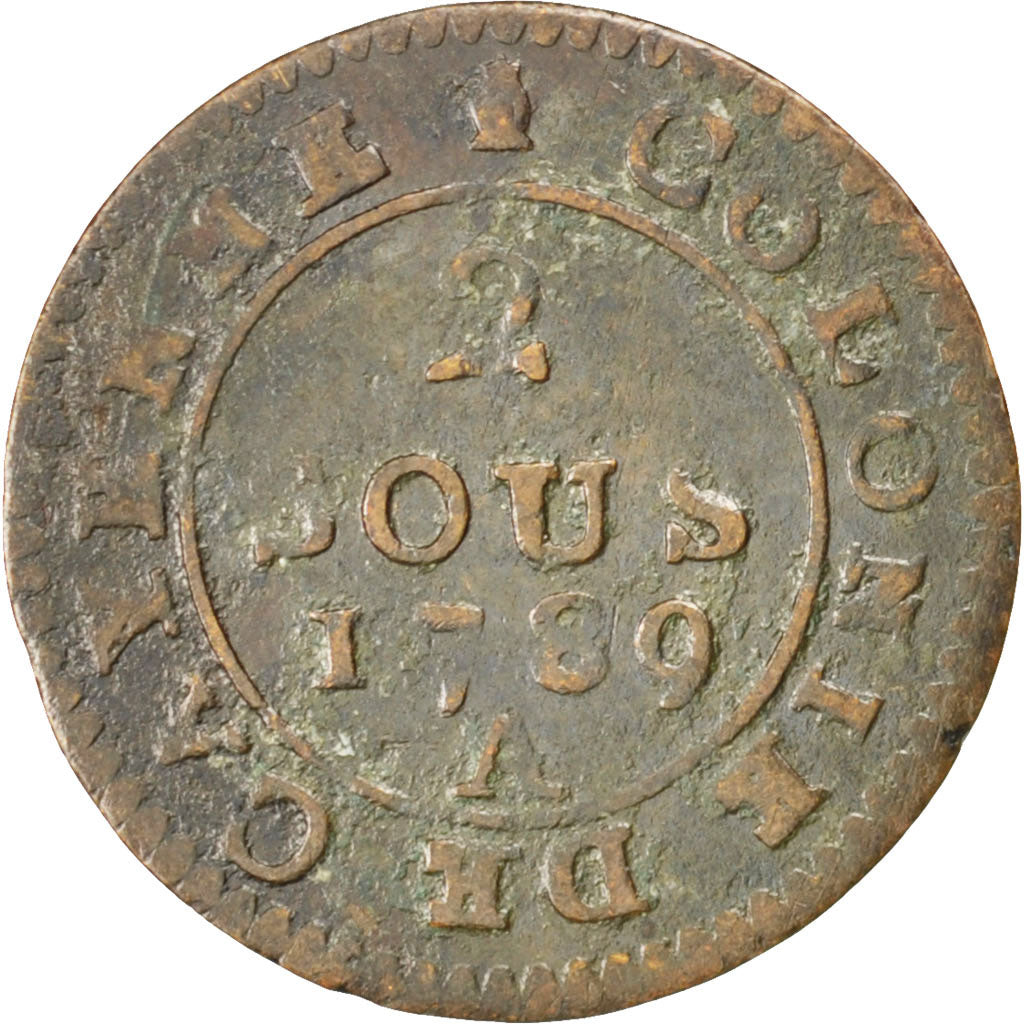 Guinea francese, 2 Sous, 1789, Paris, MB, Biglione, KM:1