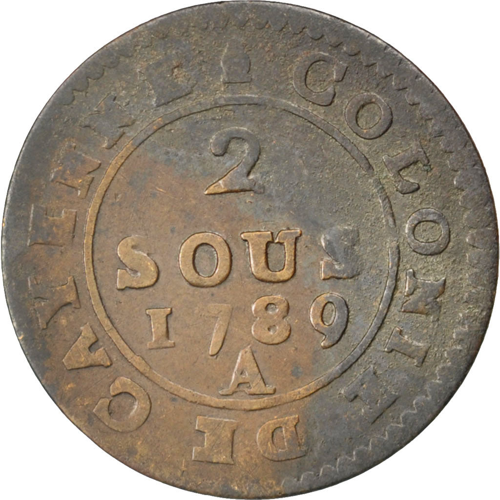 FRENCH GUIANA, 2 Sous, 1789, Paris, KM #1, VF(30-35), Billon, 23, 1.84