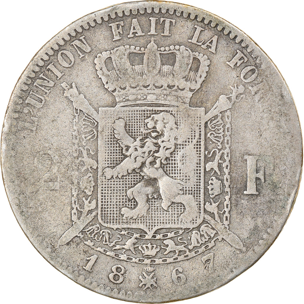 Coin, Belgium, Leopold II, 2 Francs, 2 Frank, 1867, VF(20-25), Silver, KM:30.1