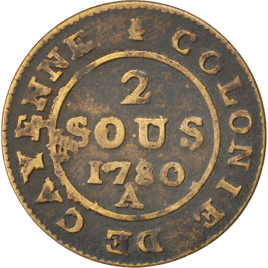 Guyana, 2 Sous, 1780, Paris, KM #1, VF(30-35), Billon, 1.70