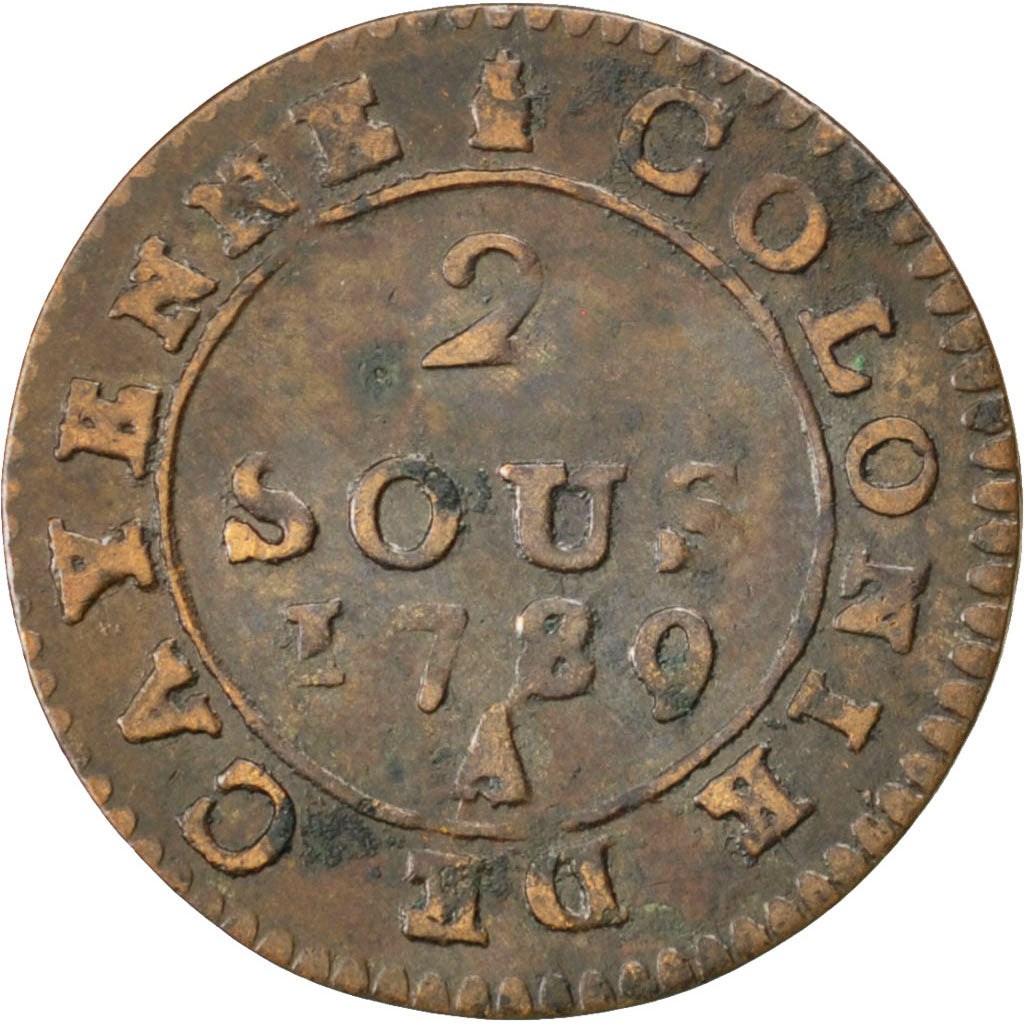 Guyana, 2 Sous, 1780, Paris, KM #1, EF(40-45), Billon, 1.73