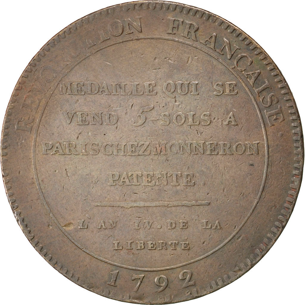 FRANCE, 5 Sols, 1792, KM #Tn34, EF(40-45), Bronze, Brandon #224c, 25.26