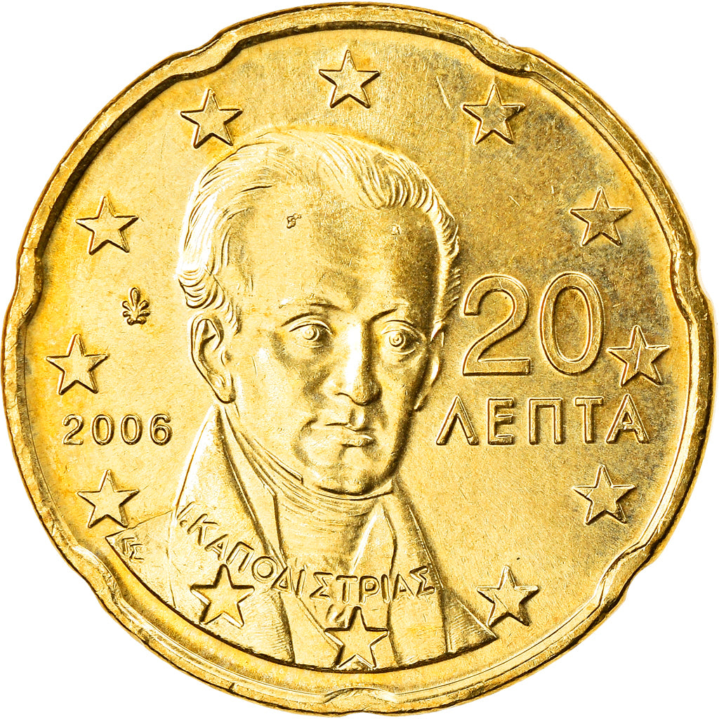 Grécia, 20 Euro Cent, 2006, Athens, AU(55-58), Latão, KM:185