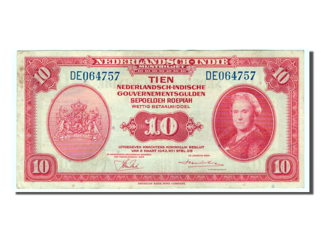 Banconote, INDIE OLANDESI, 10 Gulden, 1943, BB+
