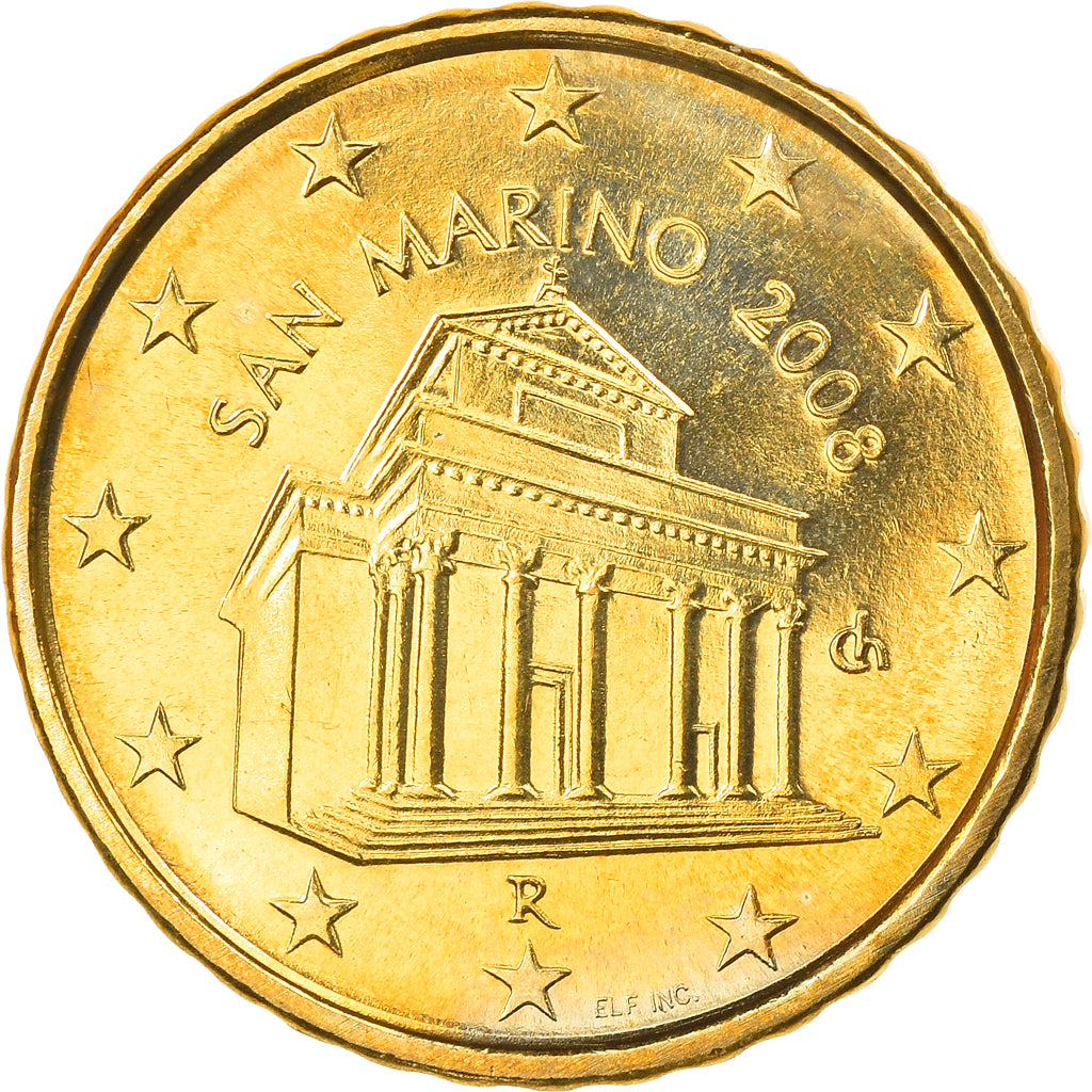 San Marino, 10 Euro Cent, 2008, Rome, MS(63), Brass, KM:482