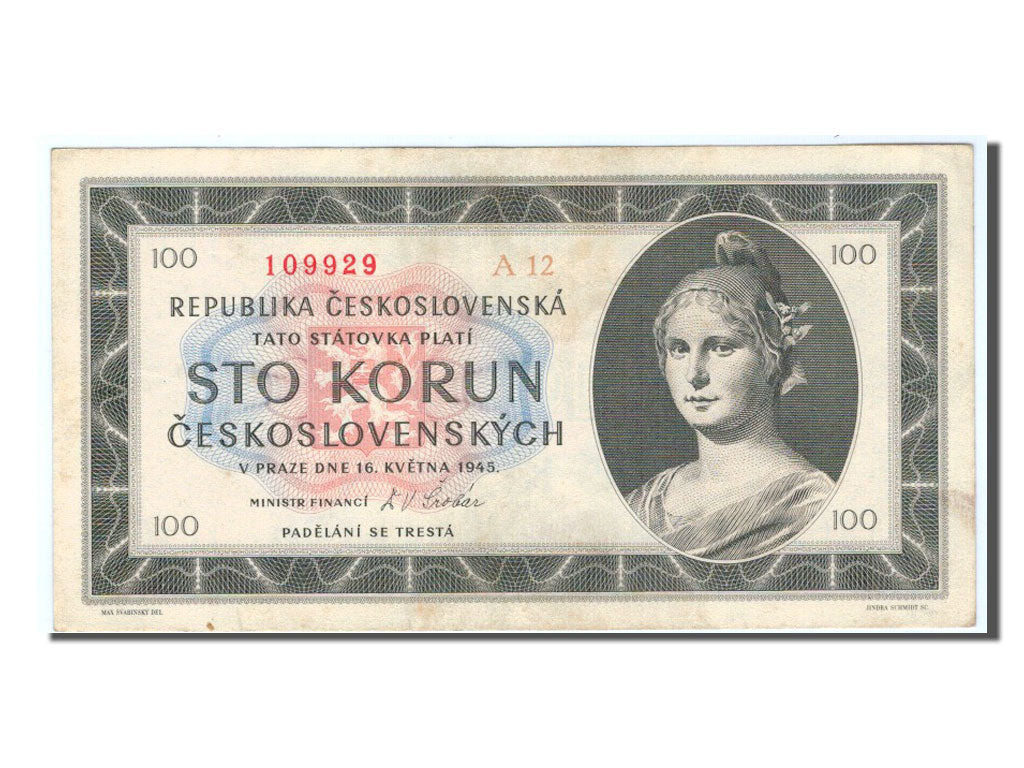 Czechoslovakia, 100 Korun, 1945, KM #67a, AU(55-58), A12