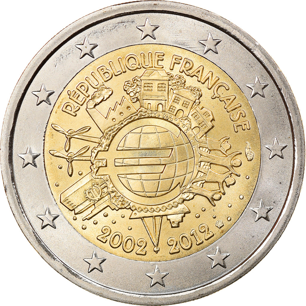 France, 2 Euro, 10 ans de l'Euro, 2012, Paris, MS(63), Bi-Metallic, Gadoury:14.