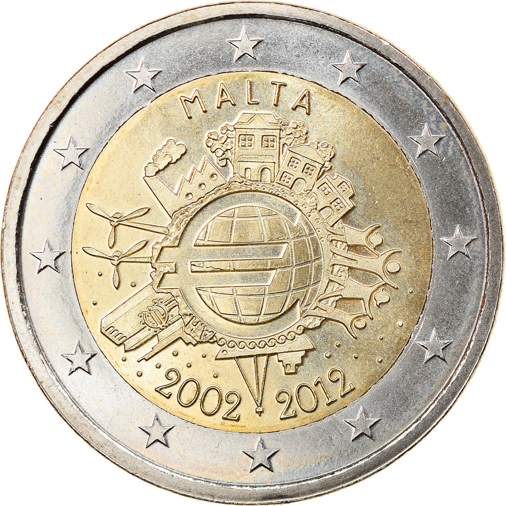 Malta, 2 Euro, 10 Jahre Euro, 2012, SC, Bimetálico, KM:139