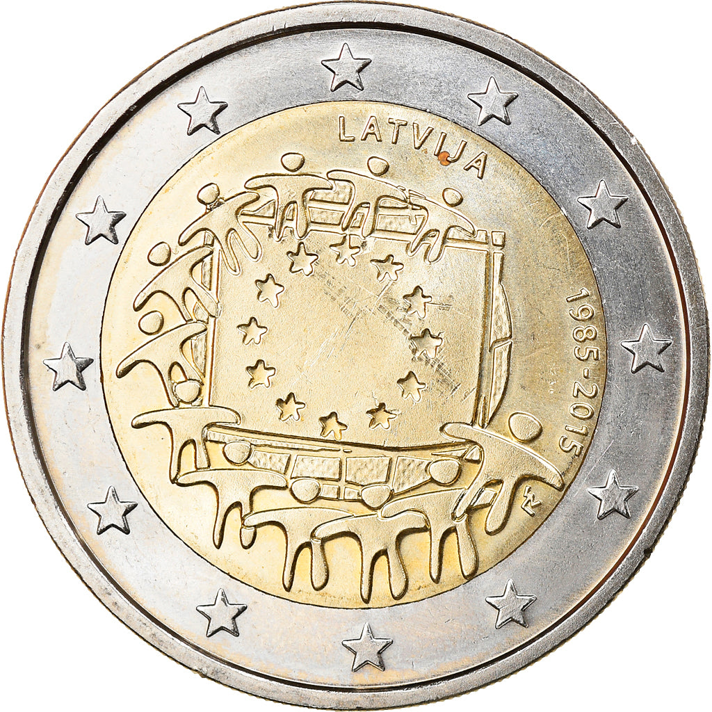 Letonia, 2 Euro, 2015, 30 ans   Drapeau européen, SC, Bimetálico, KM:New