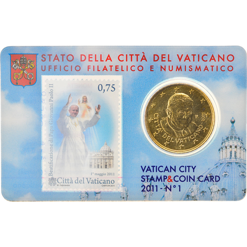 Cité du Vatican, 50 Euro Cent, BU, 2011, Rome, Stamp and coin card, FDC, Laiton