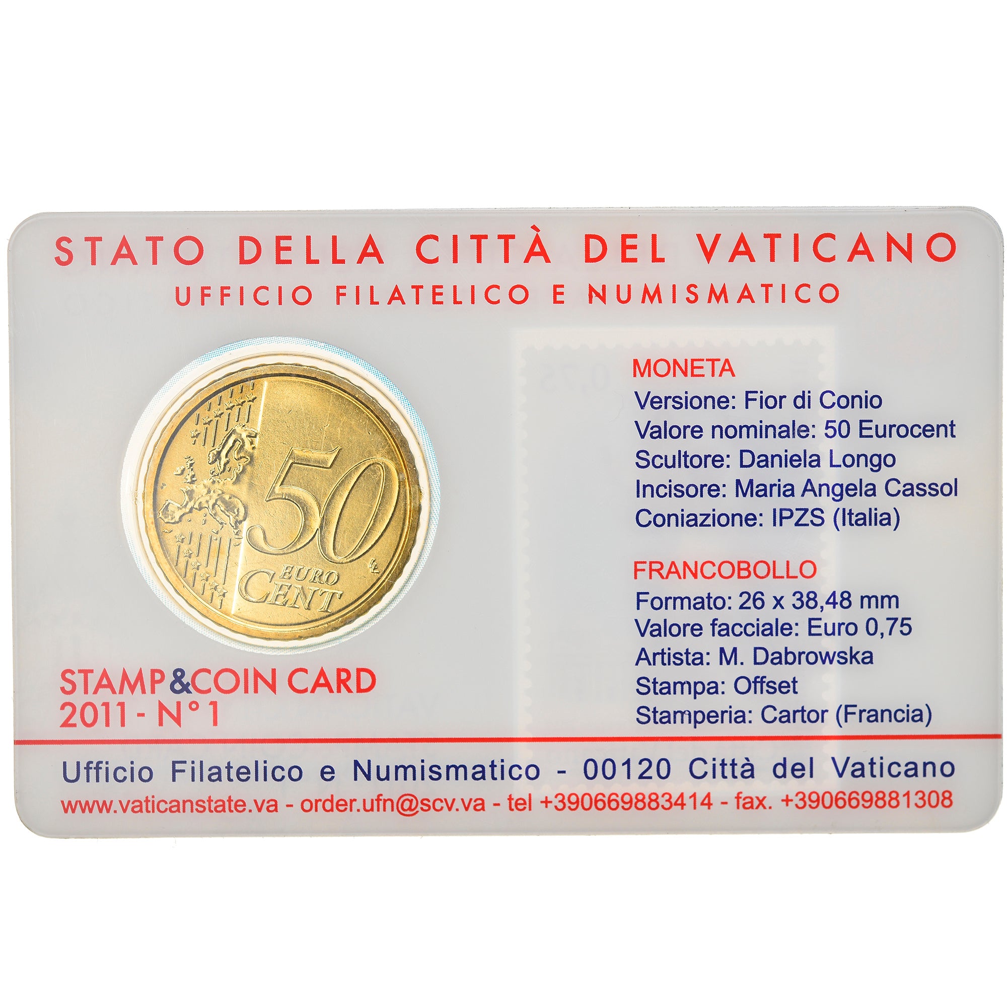 Cité du Vatican, 50 Euro Cent, BU, 2011, Rome, Stamp and coin card, FDC, Laiton