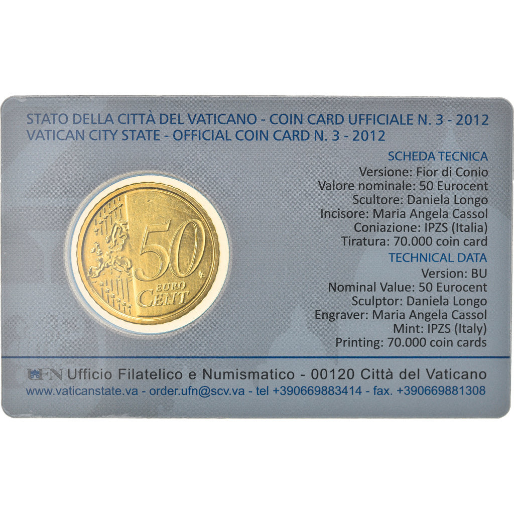 VATICAN CITY, 50 Euro Cent, BU, 2012, Rome, Coin card, MS(65-70), Brass