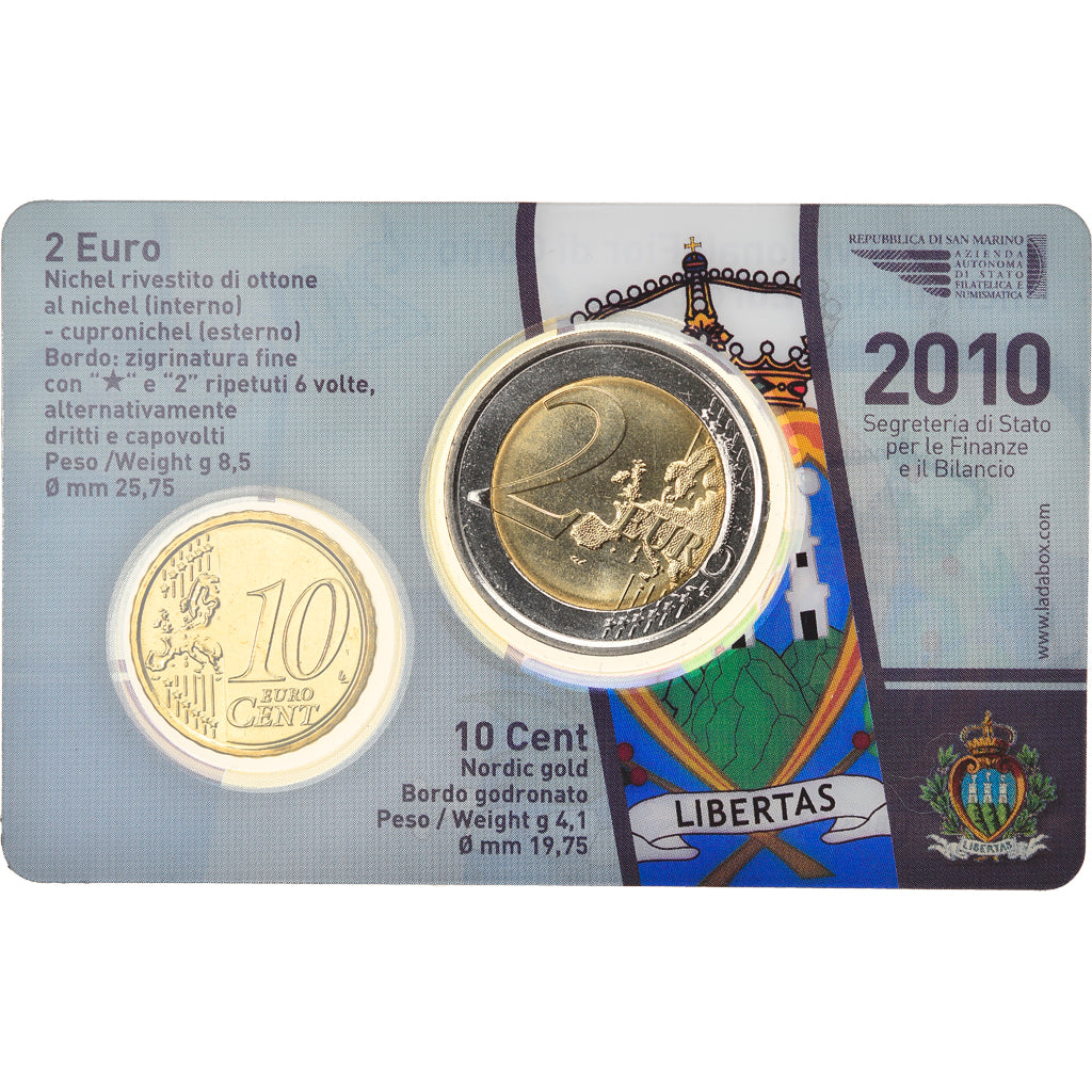 San Marino, Set 2 Euro & 10 Cent, 2010, MS(65-70), Bi-Metallic