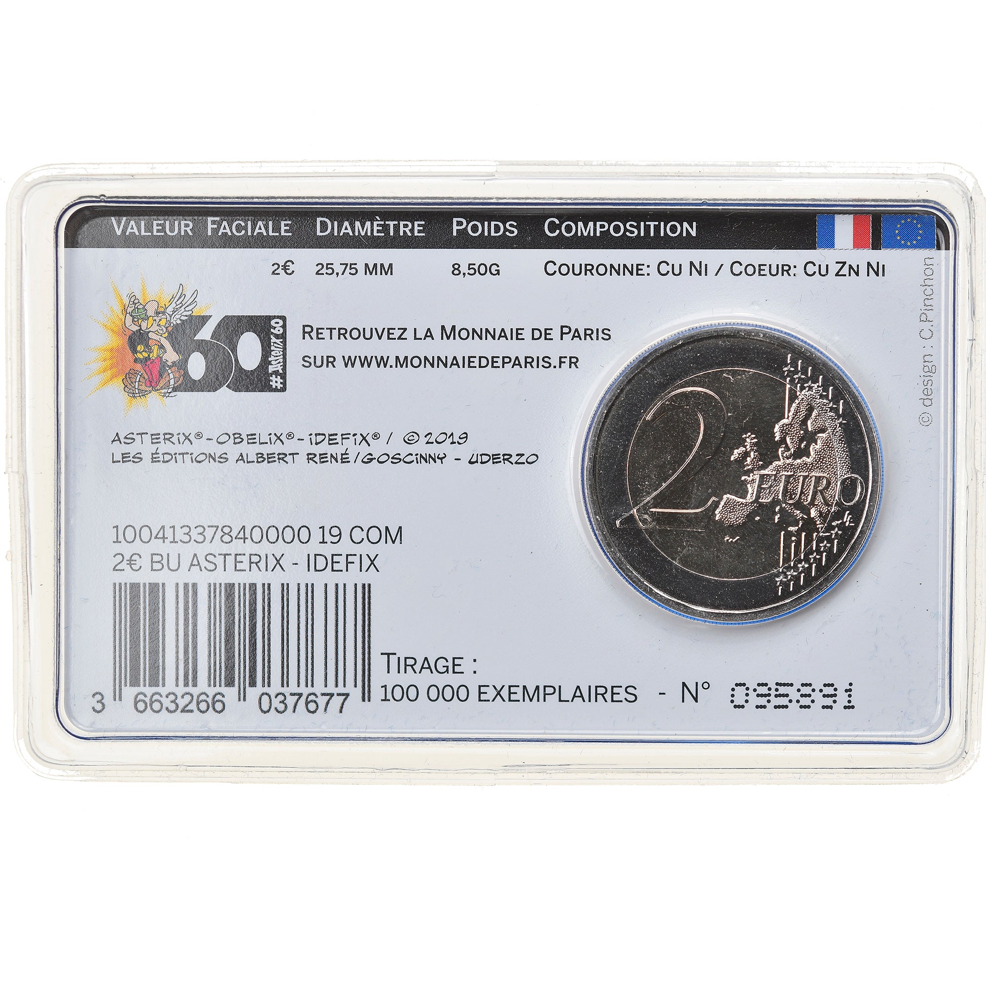 France, 2 Euro, Astérix - Idéfix, 2019, Paris, BU,Card, MS(65-70), Bi-Metallic