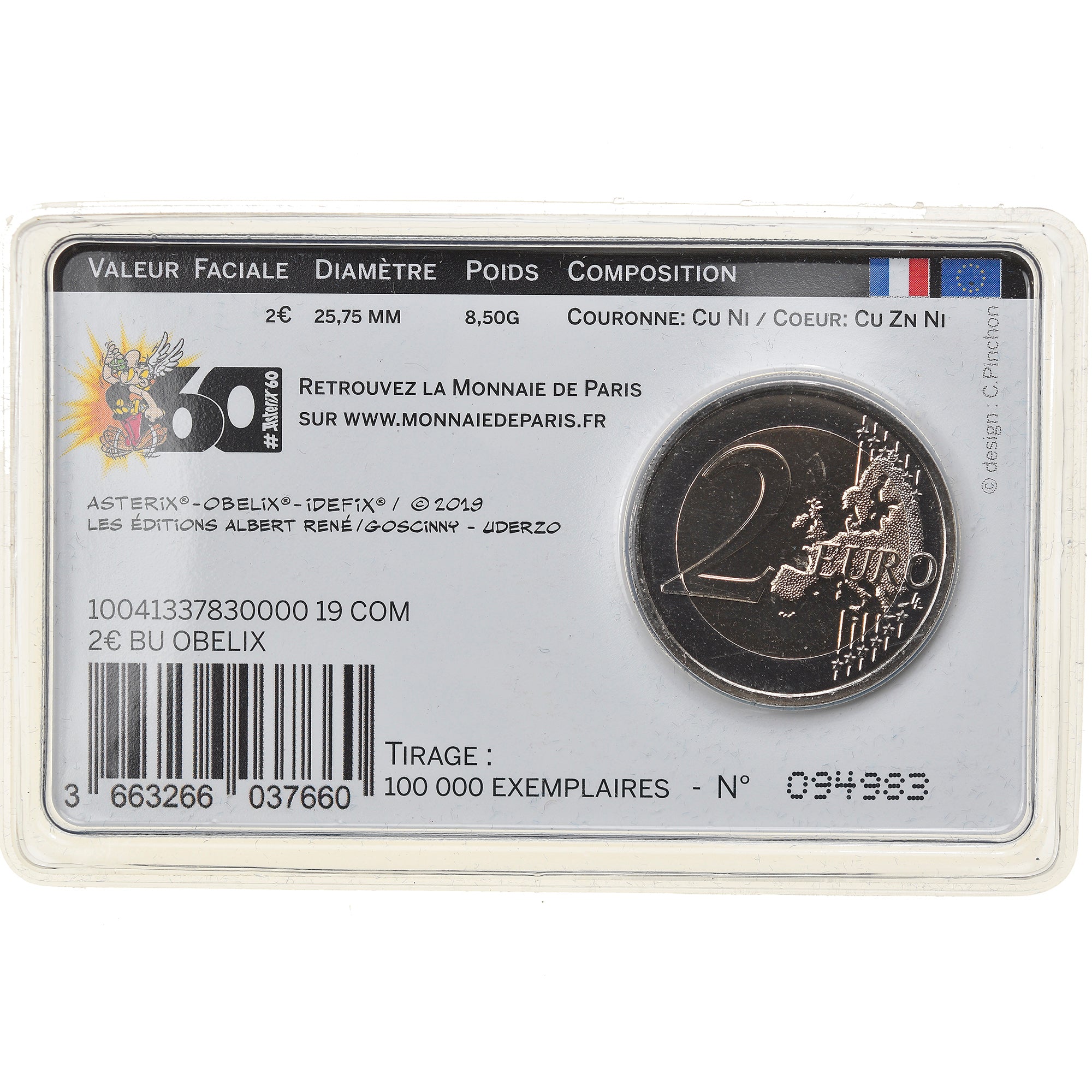 France, 2 Euro, Obélix, 2019, Paris, BU,Card, MS(65-70), Bi-Metallic