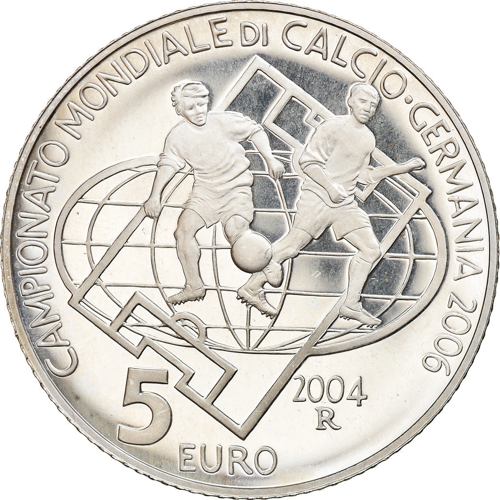 San Marino, 5 Euro, Two soccer players, 2004, Rome, BE, MS(65-70), Silver