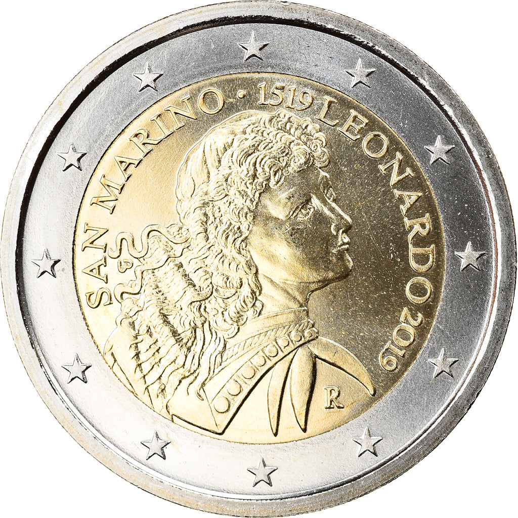 San Marino, 2 Euro, san marin Léonard de Vinci, 2019, MS(65-70), Bi-Metallic