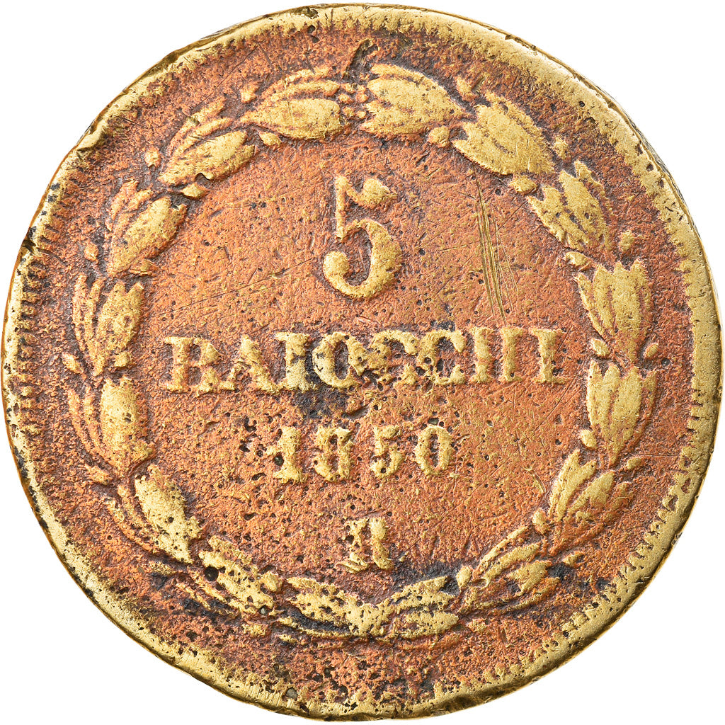 Moneta, CITTÀ DEL VATICANO, 5 Baiocchi, 1850, PAPAL STATES, Pius IX, B+, Rame