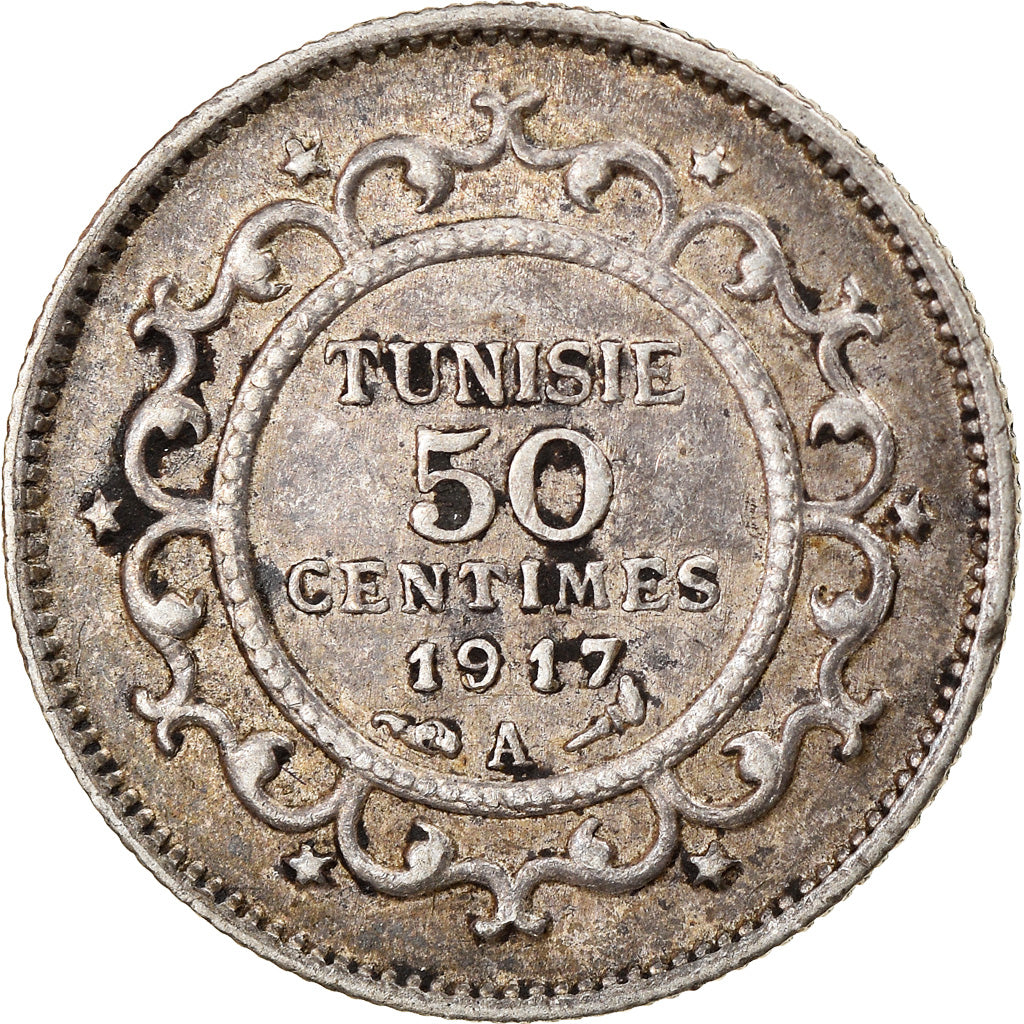 Coin, Tunisia, Muhammad al-Nasir Bey, 50 Centimes, 1917, Paris, EF(40-45)