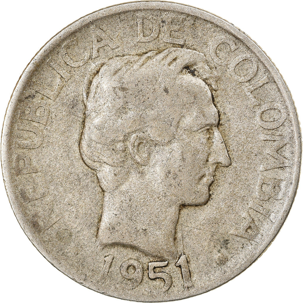 Coin, Colombia, 20 Centavos, 1951, EF(40-45), Silver, KM:208.2