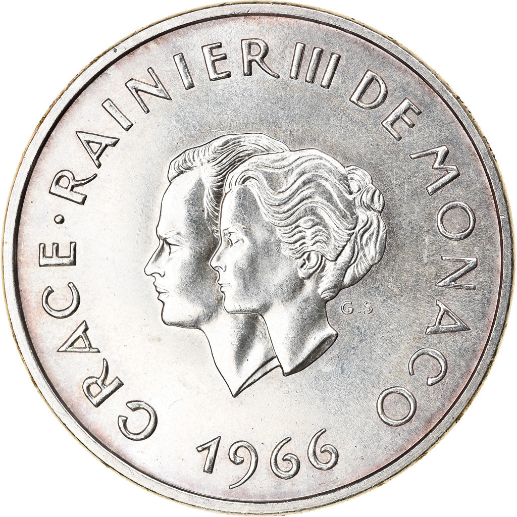 Coin, Monaco, 10 Francs, 1966, 10th Wedding Anniversary, AU(55-58), Silver