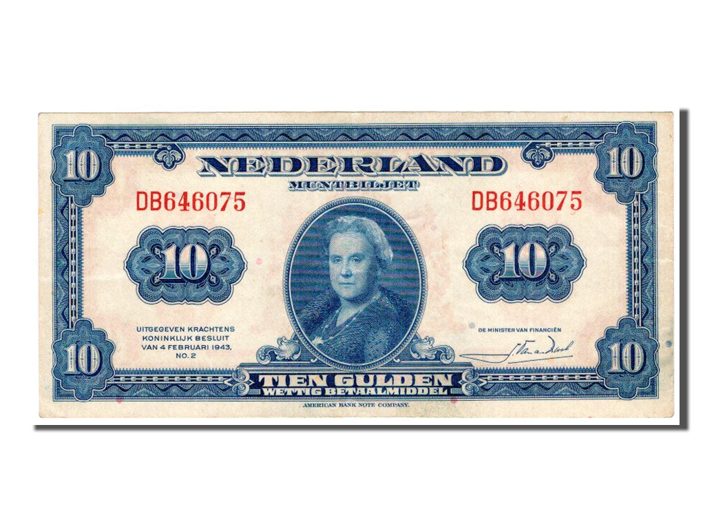 Netherlands, 10 Gulden, 1943, KM #66a, AU(50-53), DB
