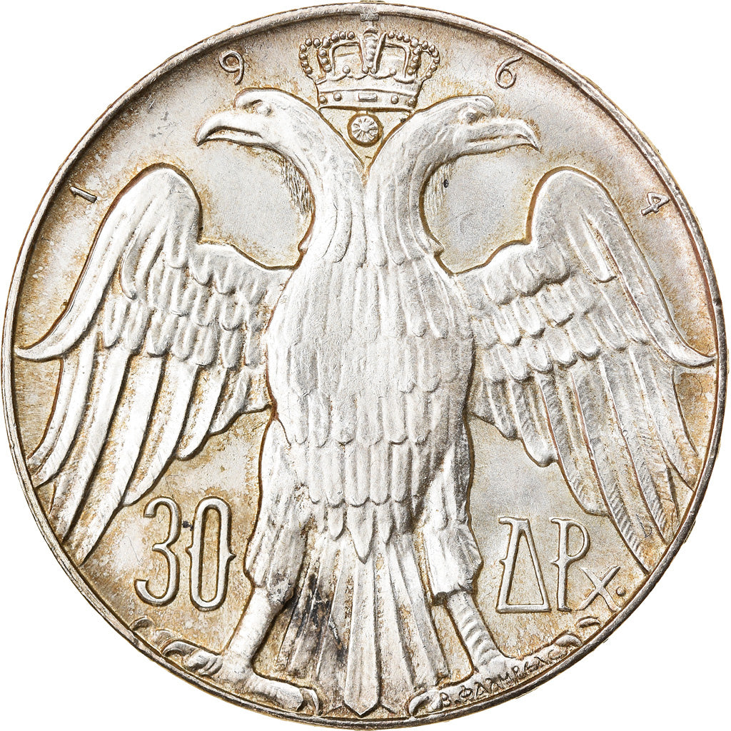 Moneta, Grecia, Constantine II, 30 Drachmai, 1964, SPL-, Argento, KM:87