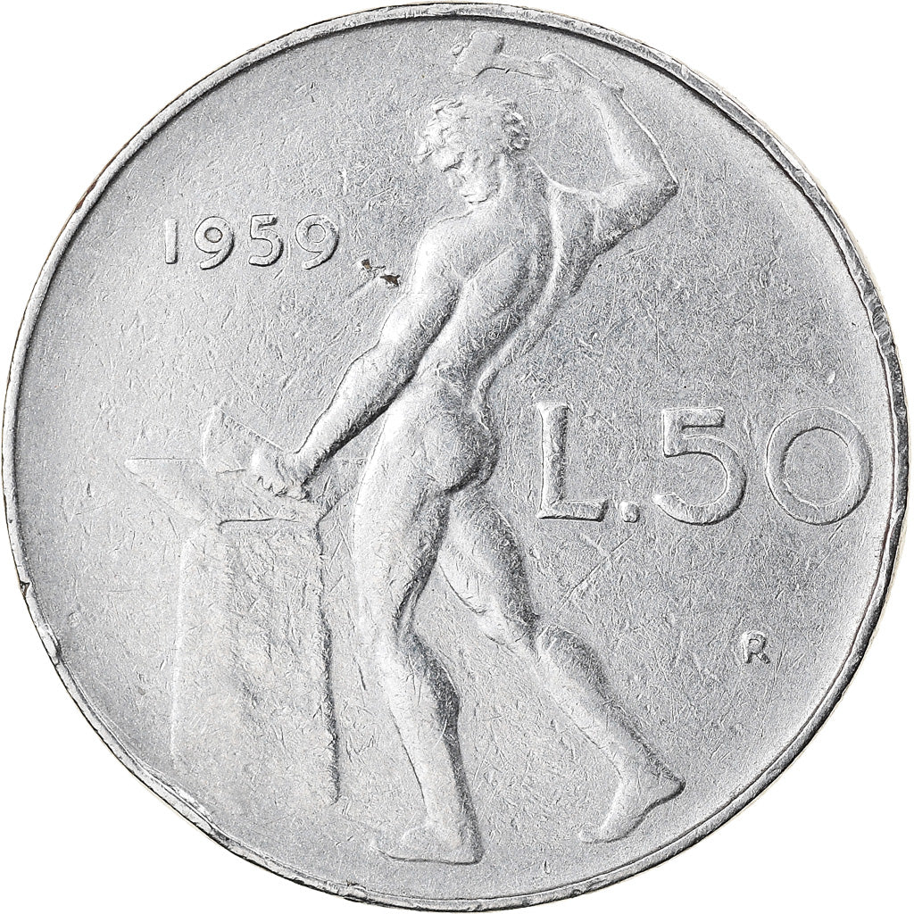 Moneta, Italia, 50 Lire, 1959, Rome, MB+, Acciaio inossidabile, KM:95.1
