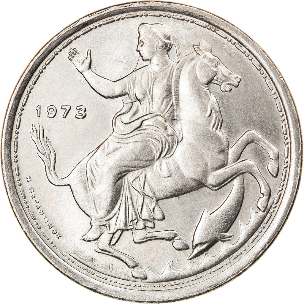 Coin, Greece, Constantine II, 20 Drachmai, 1973, AU(50-53), Copper-nickel