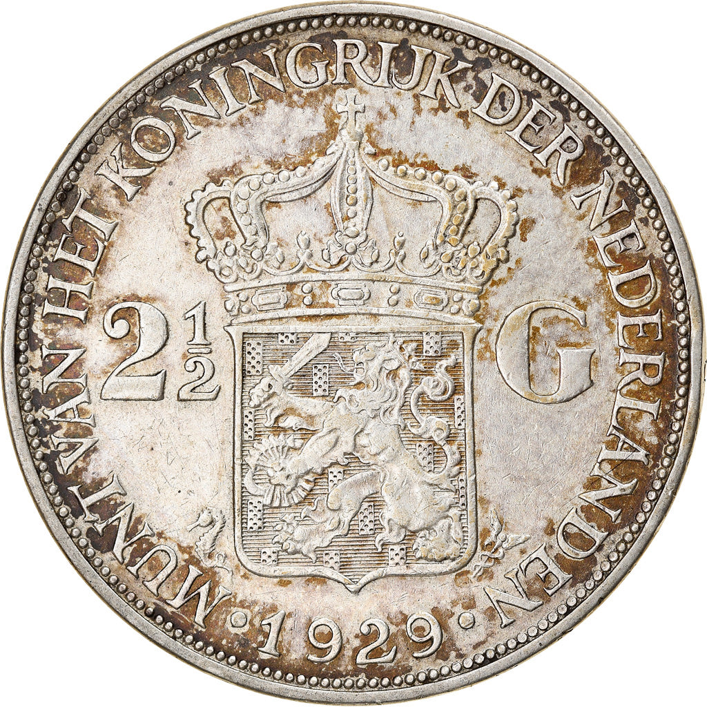 Coin, Netherlands, Wilhelmina I, 2-1/2 Gulden, 1929, EF(40-45), Silver, KM:165